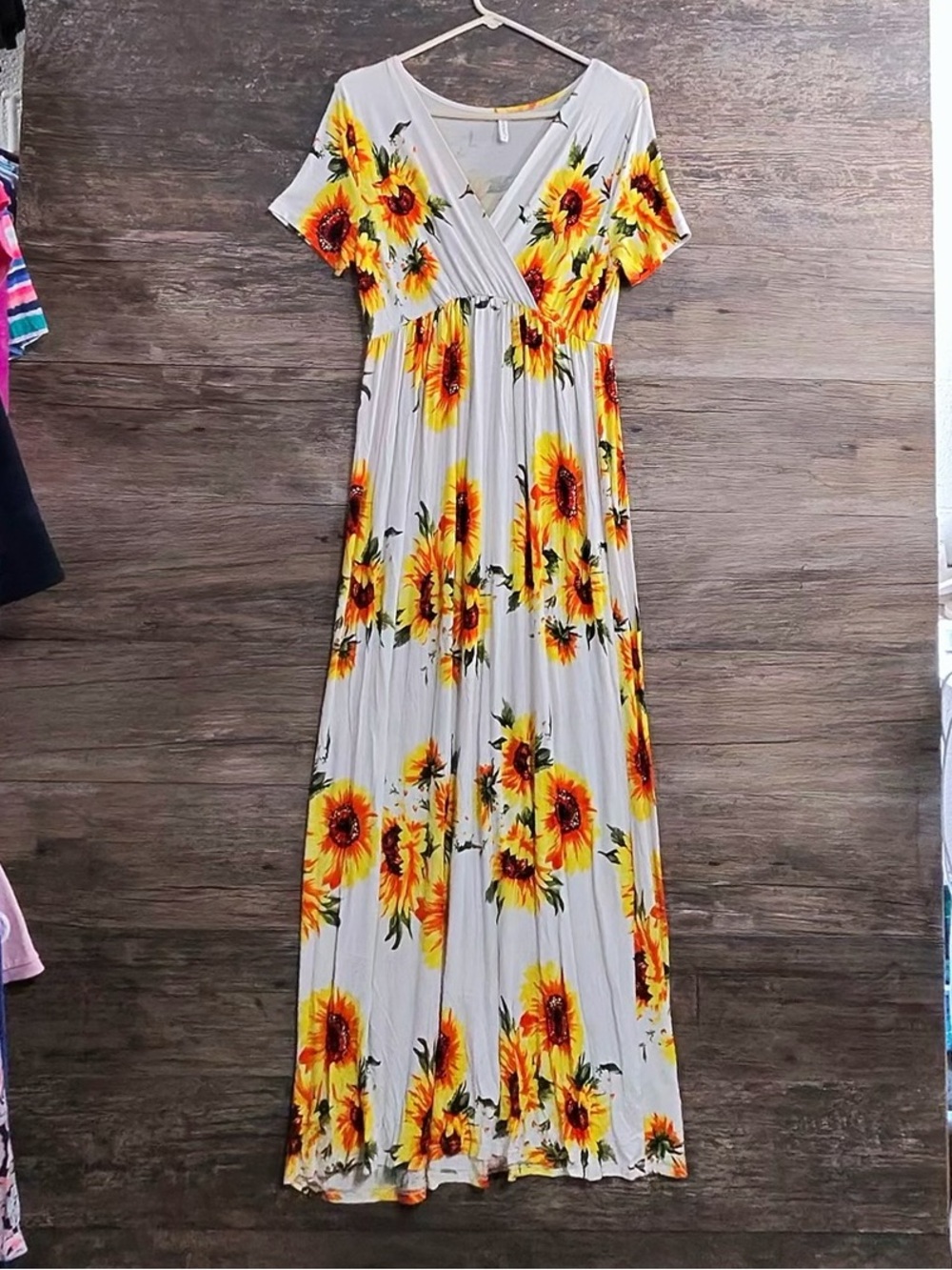 White Maxi Dress with Bright Sunflower Print - Women's Floral V-Neck
